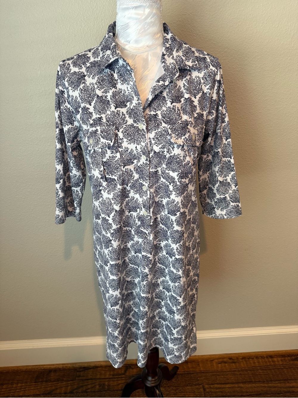 Blue and White Long-Sleeve Printed Shirt Dress